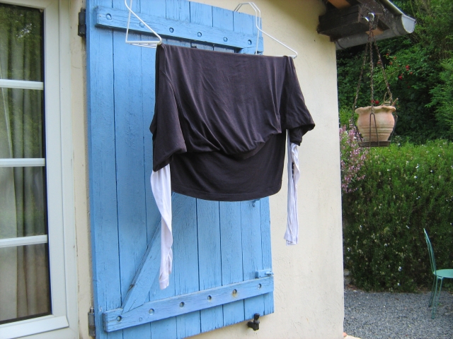 a long sleeved tshirt drying on a french window shutter
